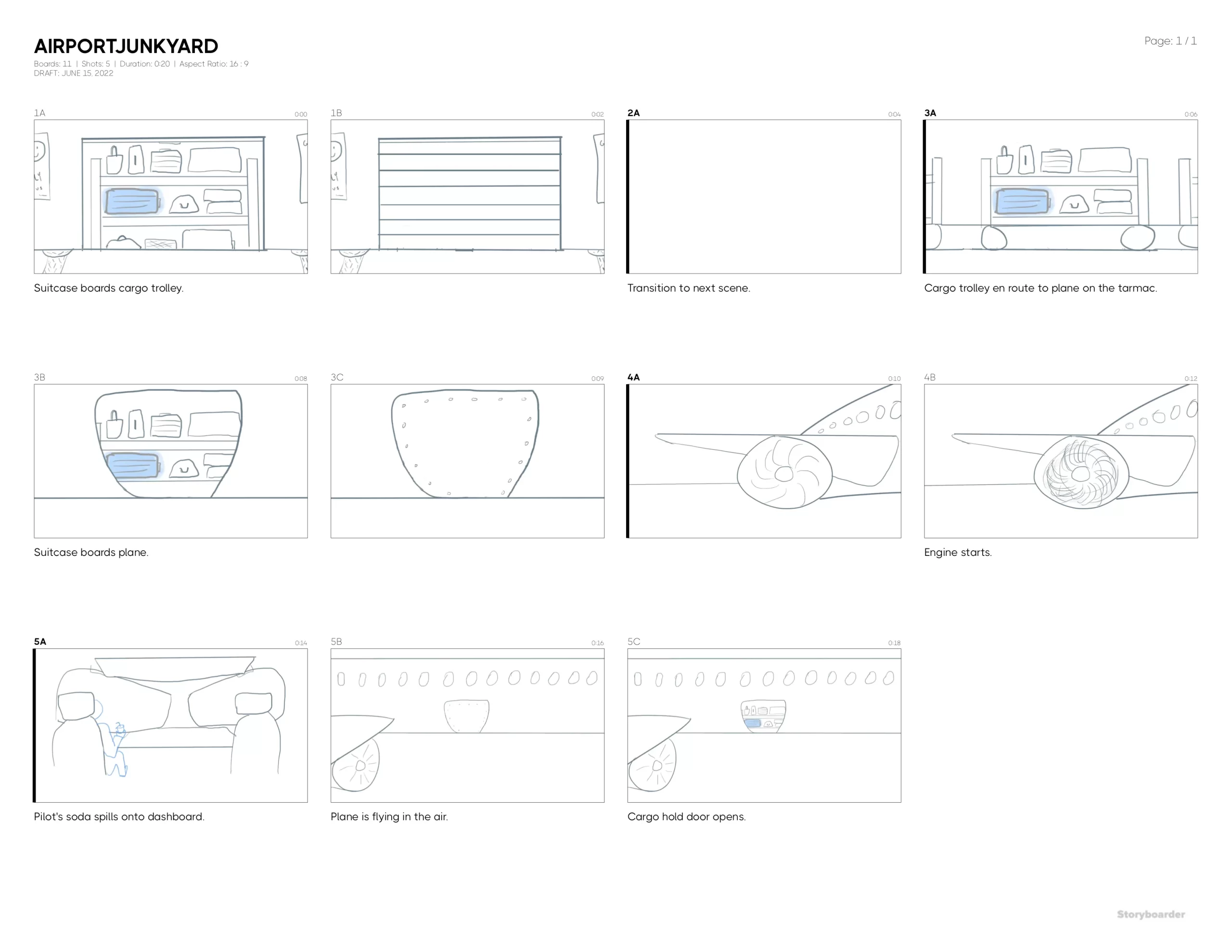Unfinished airport to junkyard scene. The suitcase gets accidentally released from the plane's cargo hold and falls into a junkyard.