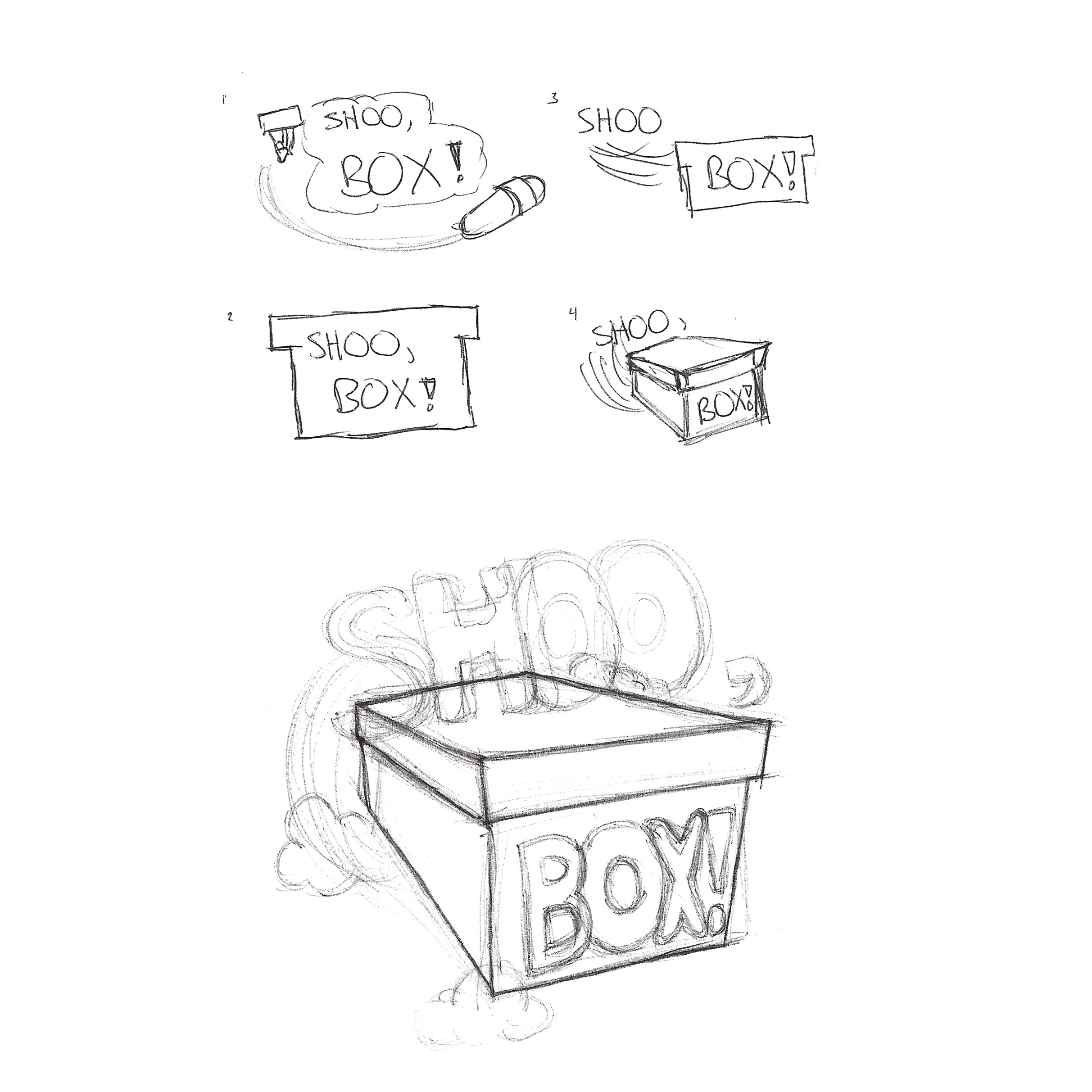 Various pen sketch concepts for the Shoo Box logo