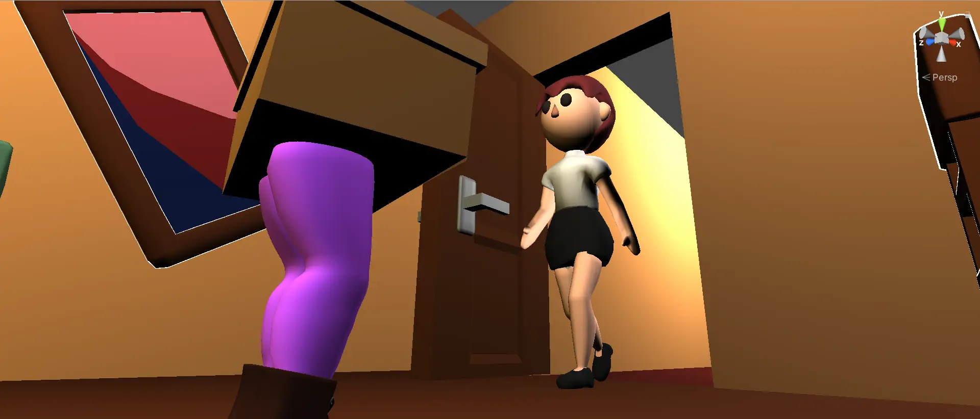 A screenshot from the game with the maid from the hotel level entering the room, while the shoo box faces her.